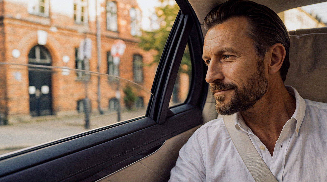 Passenger looking out from the back seat of a chauffeured car