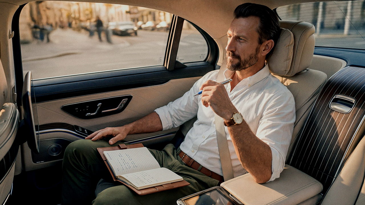 Passenger working from the back seat during a journey